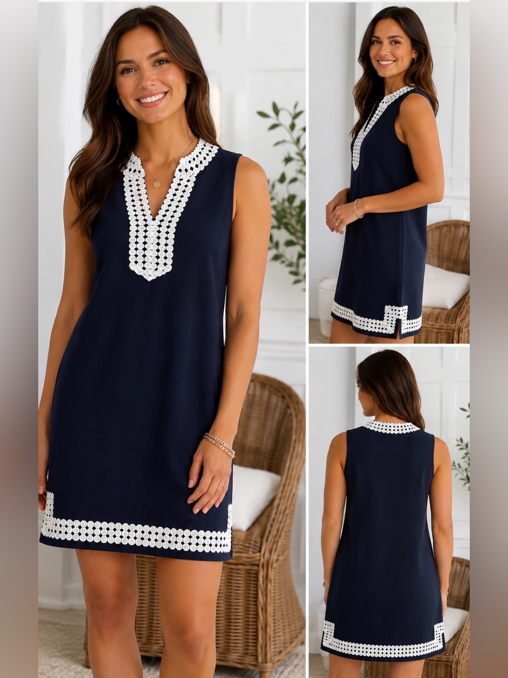 Crown & Ivy Navy Sleeveless Shift Dress White Crochet Lace Trim Size Small